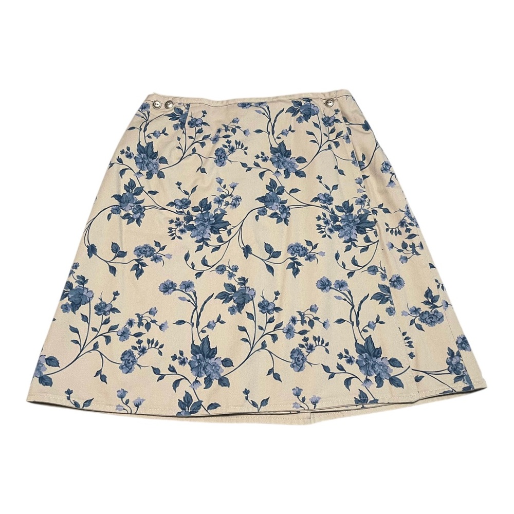 Denim & Co Beige Wrap Mini Skirt Blue Floral Size Medium Cotton Y2K Vintage Boho